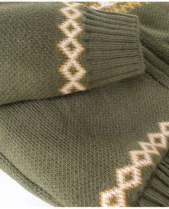 Babyhug Knit Full Sleeves Hooded Sweater Argyle Design - Olive Green