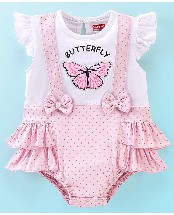 Babyhug 100% Cotton Half Sleeves Onesie with Bow Applique and Butterfly Print - Pink