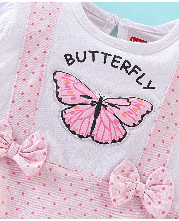 Babyhug 100% Cotton Half Sleeves Onesie with Bow Applique and Butterfly Print - Pink