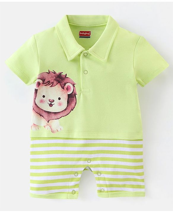 Babyhug 100% Cotton Half Sleeves Romper with Lion Print - Green