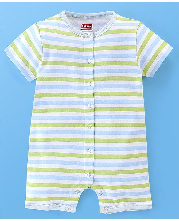 Babyhug 100% Cotton Half Sleeves Romper Lion & Stripes Print Pack of 2- White & Green