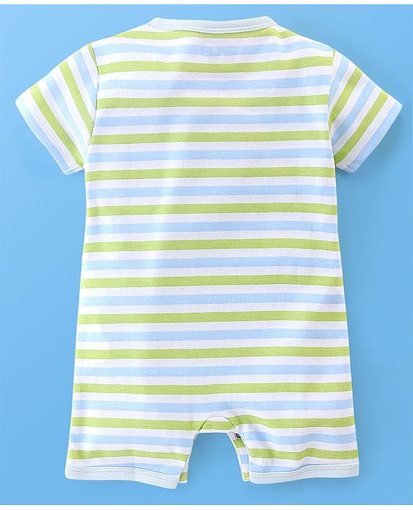 Babyhug 100% Cotton Half Sleeves Romper Lion & Stripes Print Pack of 2- White & Green