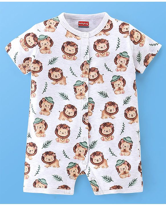 Babyhug 100% Cotton Half Sleeves Romper Lion & Stripes Print Pack of 2- White & Green