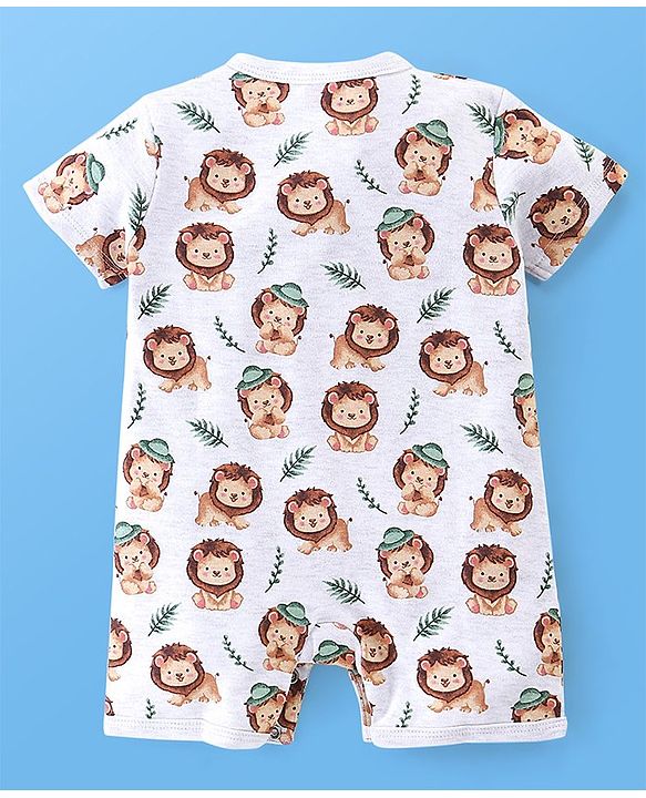 Babyhug 100% Cotton Half Sleeves Romper Lion & Stripes Print Pack of 2- White & Green