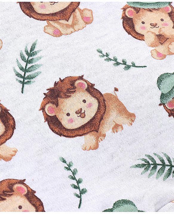 Babyhug 100% Cotton Half Sleeves Romper Lion & Stripes Print Pack of 2- White & Green