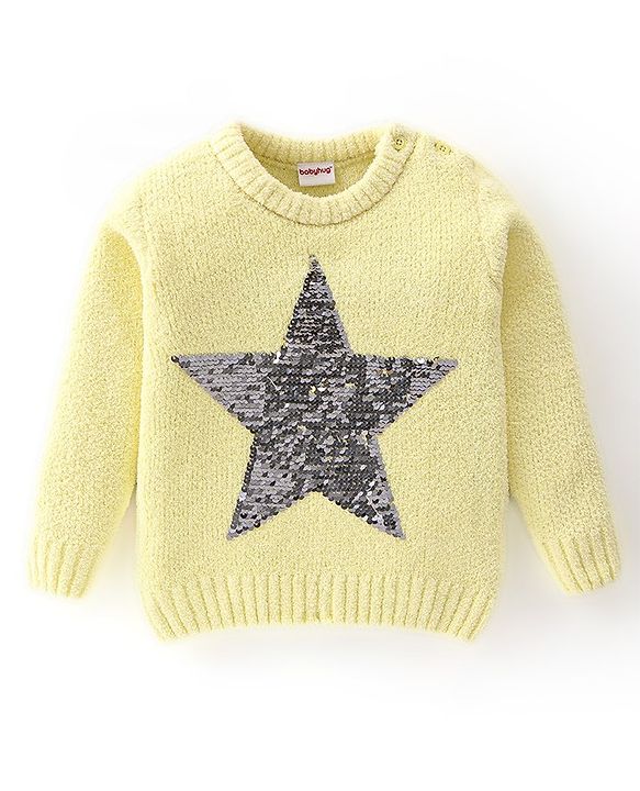 Babyhug Knitted Full Sleeves Sweatshirt With Sequins Star Design - Yellow