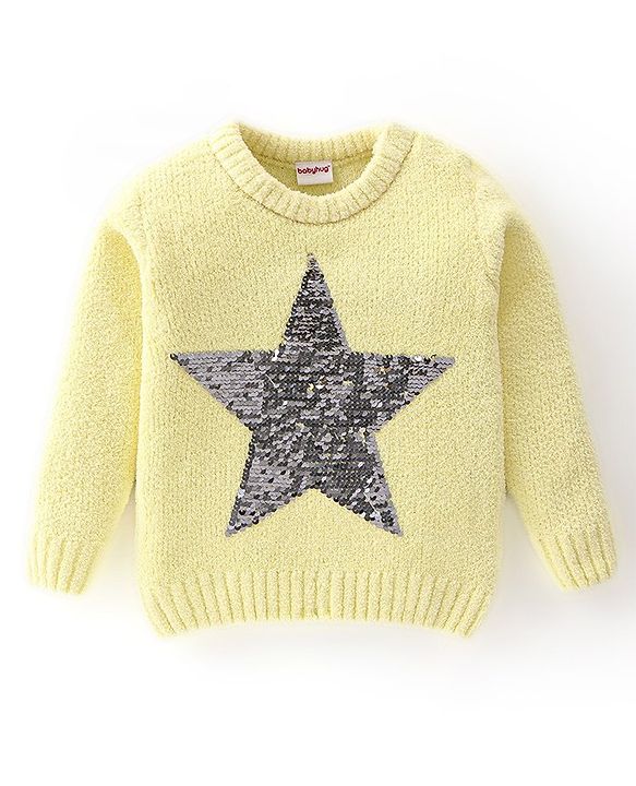 Babyhug Knitted Full Sleeves Sweatshirt With Sequins Star Design - Yellow