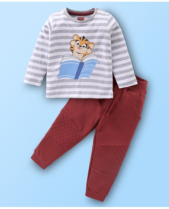 Babyhug Single Jersey Full Sleeves Striped T-Shirt & Lounge Pant Set Cub Print - Grey & Maroon Wine