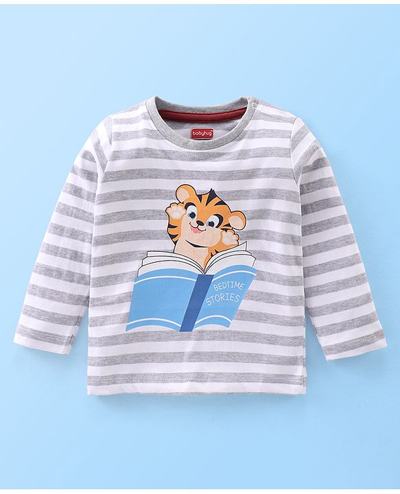 Babyhug Single Jersey Full Sleeves Striped T-Shirt & Lounge Pant Set Cub Print - Grey & Maroon Wine