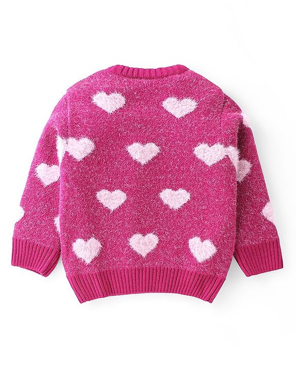 Babyhug Knit Full Sleeves Sweater with Heart Design - Fuchsia