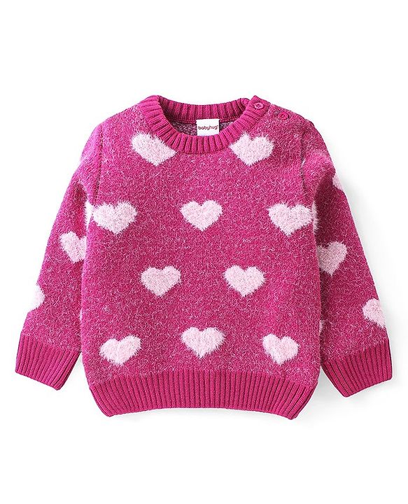 Babyhug Knit Full Sleeves Sweater with Heart Design - Fuchsia