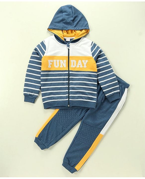 Babyhug 100% Cotton Full Sleeves Hooded T-Shirt & Lounge Pants With Text Embroidery - White & Blue