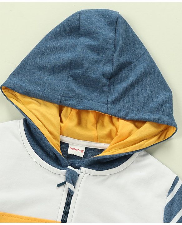 Babyhug 100% Cotton Full Sleeves Hooded T-Shirt & Lounge Pants With Text Embroidery - White & Blue