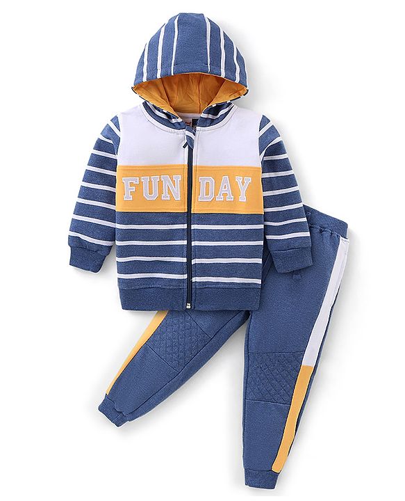 Babyhug 100% Cotton Full Sleeves Hooded T-Shirt & Lounge Pants With Text Embroidery - White & Blue