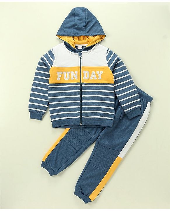 Babyhug 100% Cotton Full Sleeves Hooded T-Shirt & Lounge Pants With Text Embroidery - White & Blue