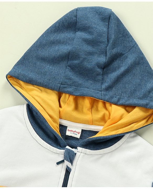 Babyhug 100% Cotton Full Sleeves Hooded T-Shirt & Lounge Pants With Text Embroidery - White & Blue