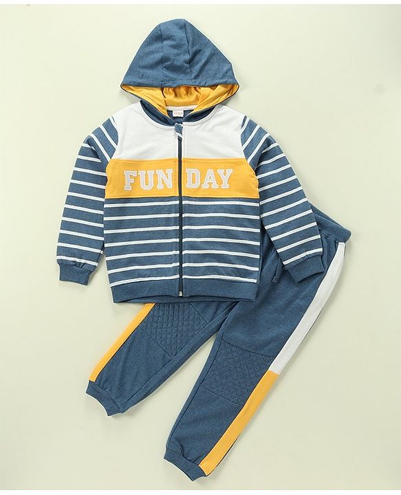 Babyhug 100% Cotton Full Sleeves Hooded T-Shirt & Lounge Pants With Text Embroidery - White & Blue