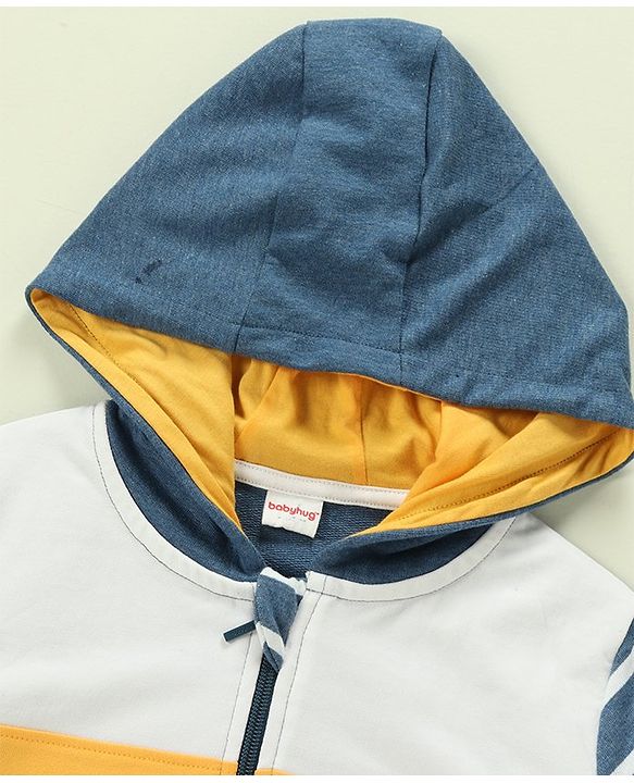 Babyhug 100% Cotton Full Sleeves Hooded T-Shirt & Lounge Pants With Text Embroidery - White & Blue