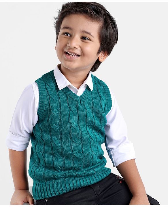 Babyhug Knitted Sleeveless Sweater with Cable Knit Design - Teal