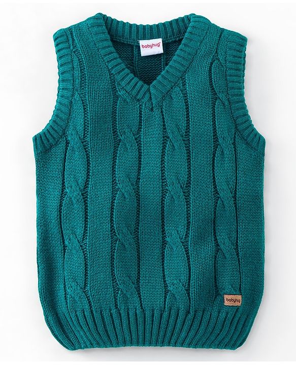 Babyhug Knitted Sleeveless Sweater with Cable Knit Design - Teal