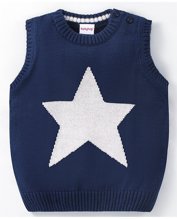 Babyhug Knit Sleeveless Sweater Star Design - Navy Blue