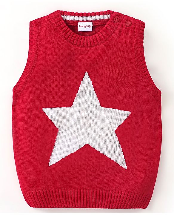 Babyhug Knit Sleeveless Sweater Star Design - Red
