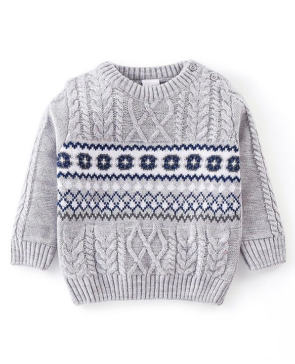 Babyhug Knit Full Sleeves Cable Knit  Sweater With Design - Grey