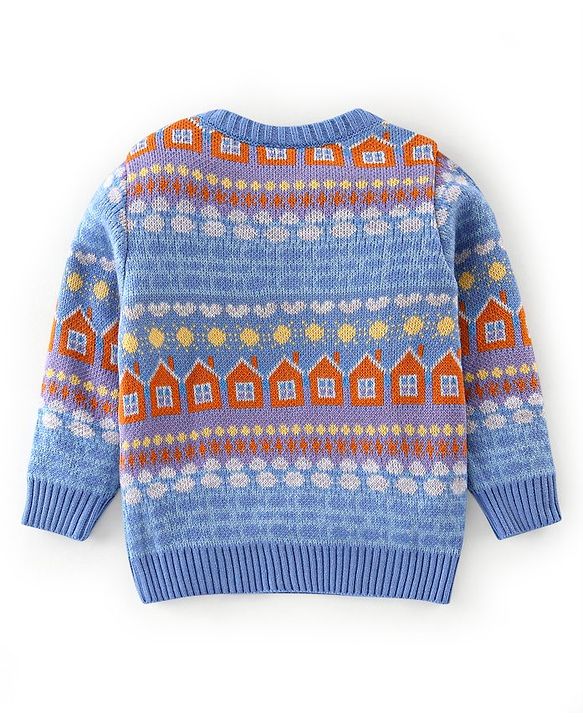 Babyhug Knit Full Sleeves Sweater with House Design - Blue
