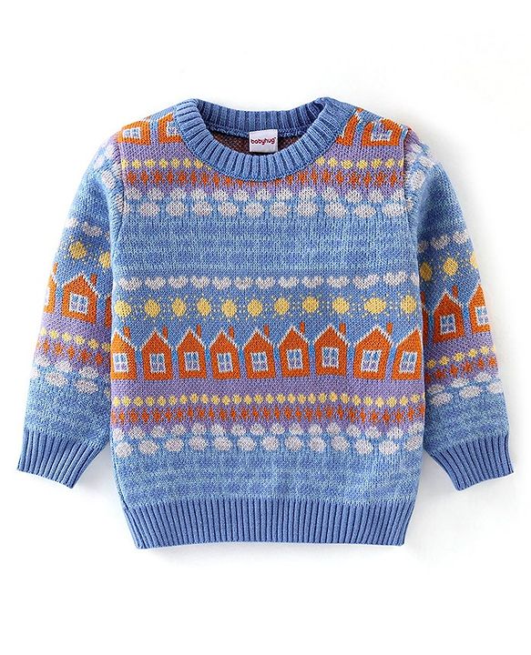 Babyhug Knit Full Sleeves Sweater with House Design - Blue