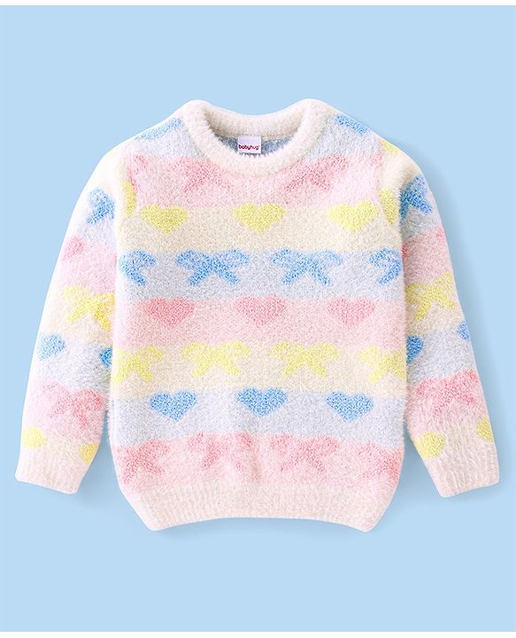 Babyhug Full Sleeves Sweater Heart & Bow Design- White Pink & Blue