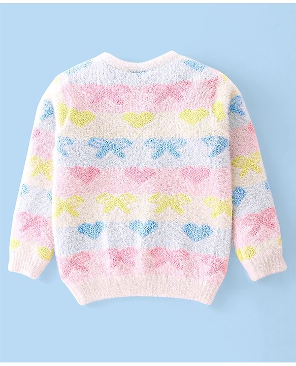 Babyhug Full Sleeves Sweater Heart & Bow Design- White Pink & Blue