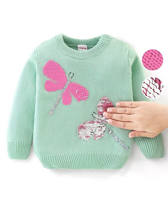 Babyhug Knitted Full Sleeves Sweater with Sequin Detailing - Green