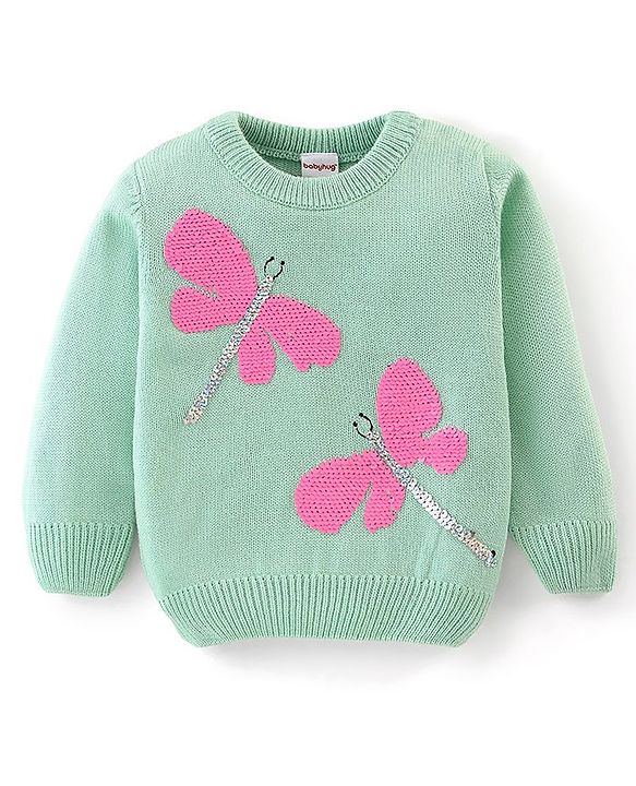 Babyhug Knitted Full Sleeves Sweater with Sequin Detailing - Green