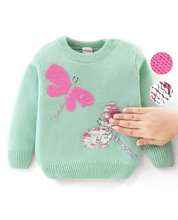 Babyhug Knitted Full Sleeves Sweater with Sequin Detailing - Green