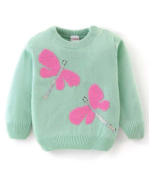 Babyhug Knitted Full Sleeves Sweater with Sequin Detailing - Green