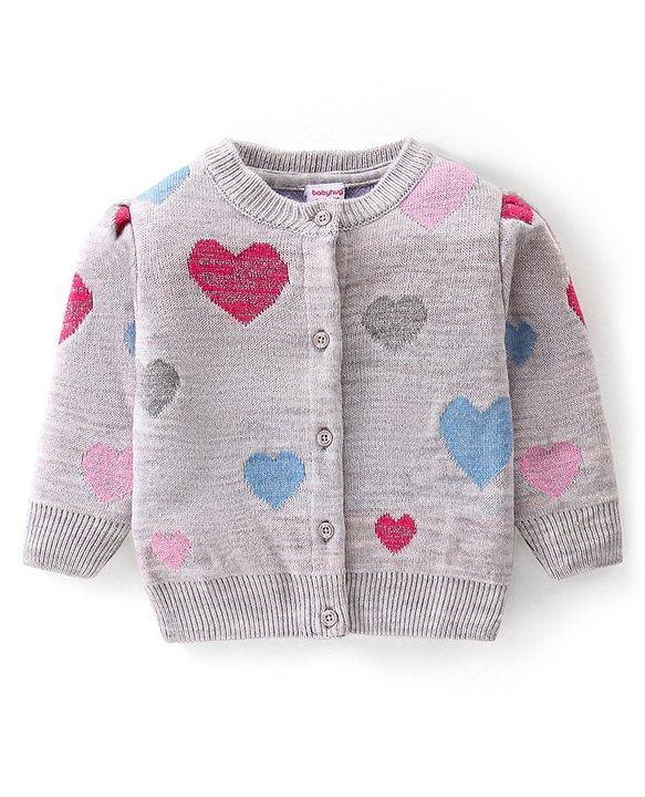 Babyhug Knit Full Sleeves Front Open Sweater with Heart Design - Light Grey