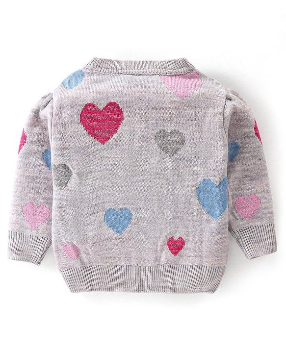 Babyhug Knit Full Sleeves Front Open Sweater with Heart Design - Light Grey