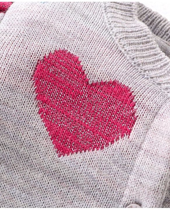 Babyhug Knit Full Sleeves Front Open Sweater with Heart Design - Light Grey