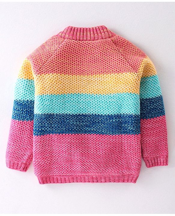 Babyhug Full Sleeves Front Open Solid Colour Stripes  Sweaters - Multicolour