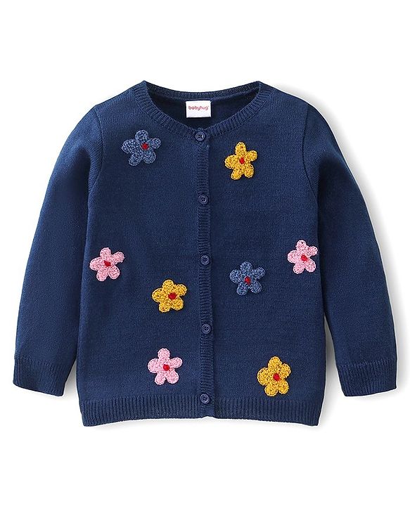 Babyhug Full Sleeves Sweater Floral Design- Navy Blue
