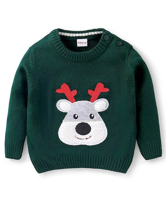 Babyhug Full Sleeves Pullover Style Sweater Reindeer Patch - Green