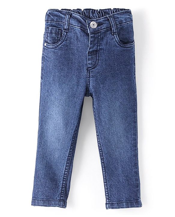 Babyhug Cotton Full Length Stretchable Denim Jeans with Mock Fly open detail Solid Colour  With Mock Fly  -Dark  Blue