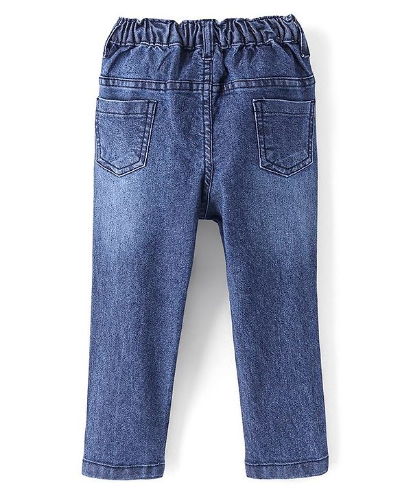Babyhug Cotton Full Length Stretchable Denim Jeans with Mock Fly open detail Solid Colour  With Mock Fly  -Dark  Blue