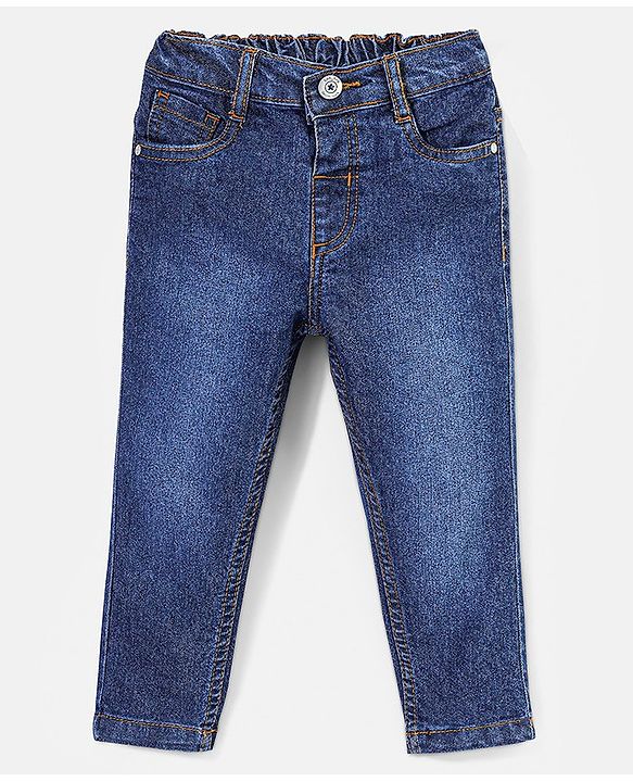 Babyhug Cotton Full Length Stretchable Denim Jeans with Mock Fly open detail Solid Colour  With Mock Fly  -Mid  Blue