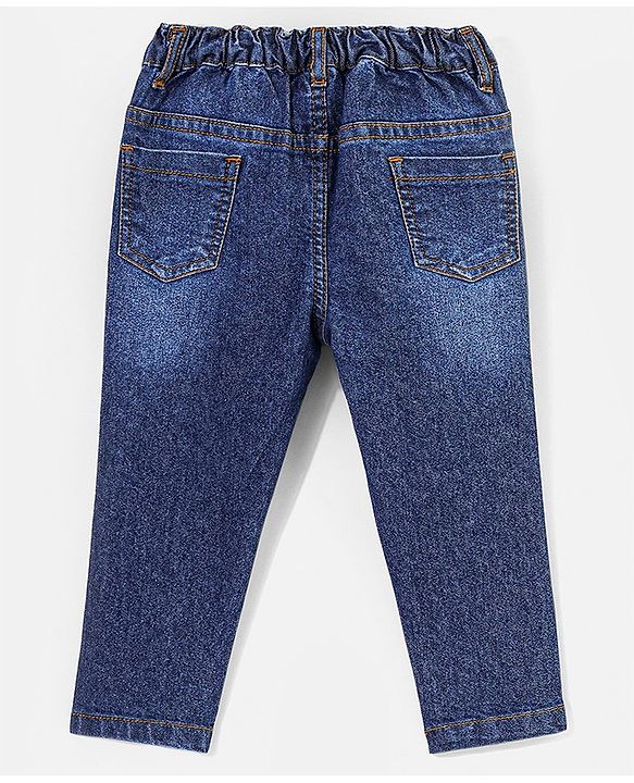 Babyhug Cotton Full Length Stretchable Denim Jeans with Mock Fly open detail Solid Colour  With Mock Fly  -Mid  Blue