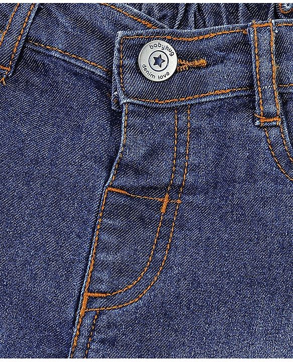 Babyhug Cotton Full Length Stretchable Denim Jeans with Mock Fly open detail Solid Colour  With Mock Fly  -Mid  Blue