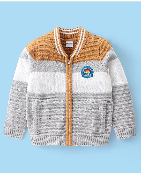 Babyhug Knit Full Sleeves Sweater With Cable Knit Design & Embroidery - White Brown & Grey