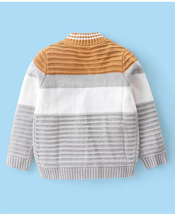 Babyhug Knit Full Sleeves Sweater With Cable Knit Design & Embroidery - White Brown & Grey