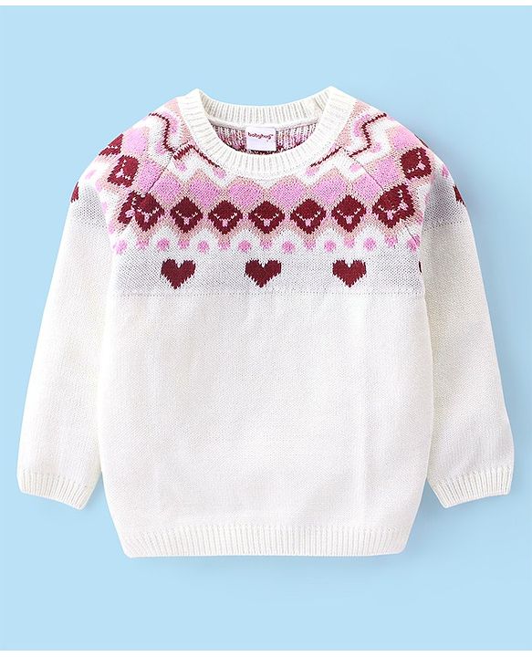 Babyhug Full Sleeves Sweater Heart Design- White & Pink