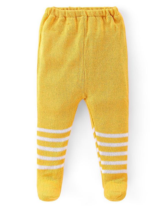 Babyhug Fleece Knit Footed Woollen Pant with Stripes Design - Yellow